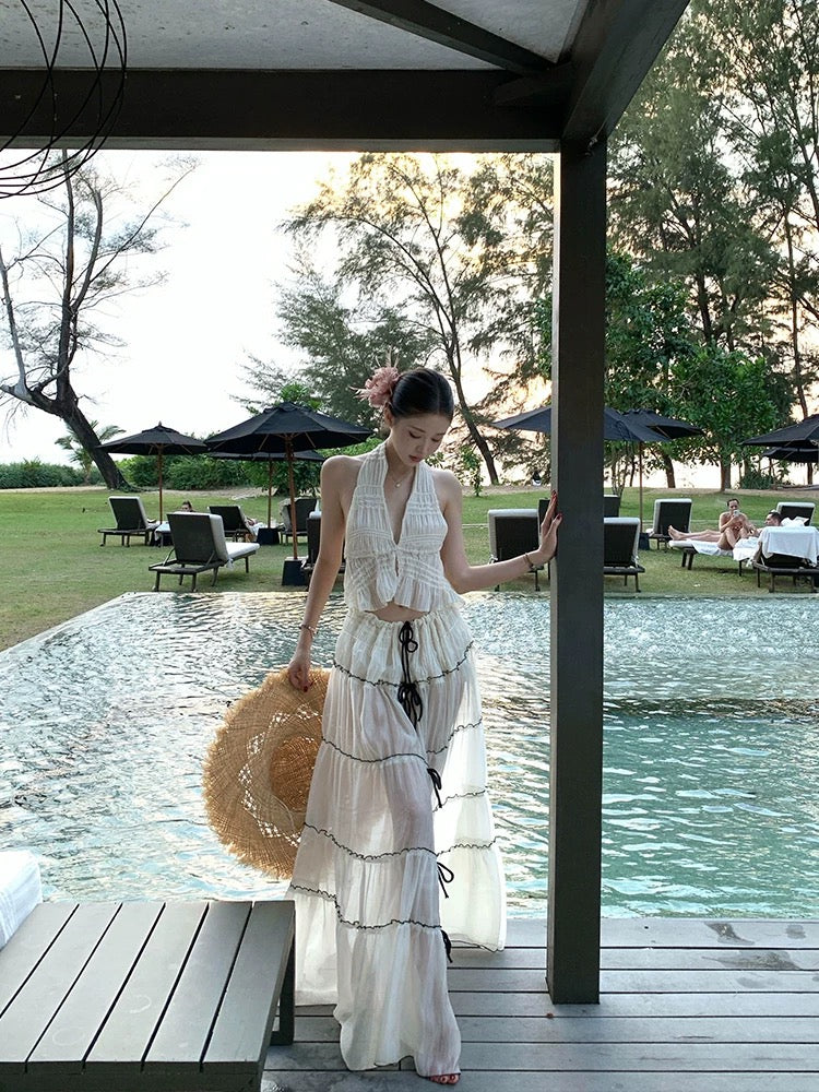 Boho Deep V Bikini & Long Cover-Up Set β 3 Piece Backless Island Vacation Look