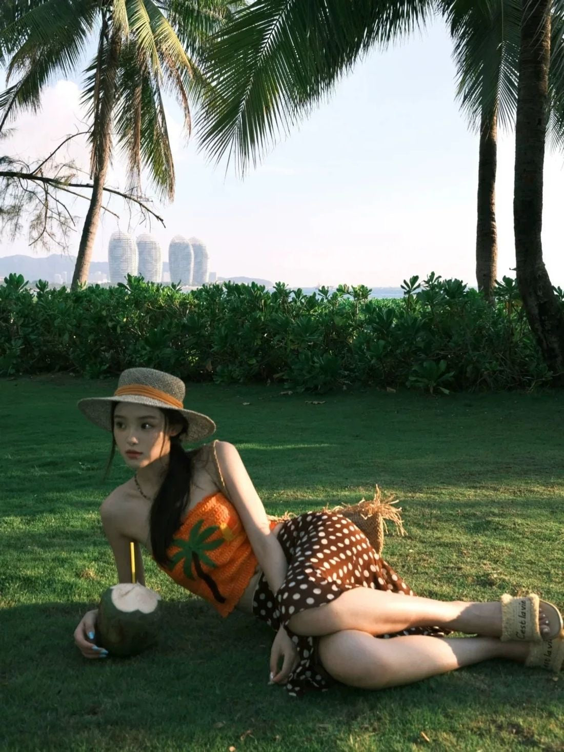 Tropical Palm Top & Polka Dot Maxi Skirt Set