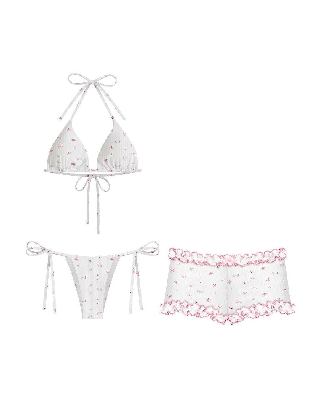 Pink Bow Lace-Trim Lingerie 3-Piece Set