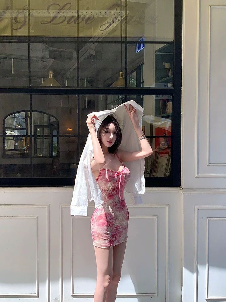Pink Floral Lace Slip Dress