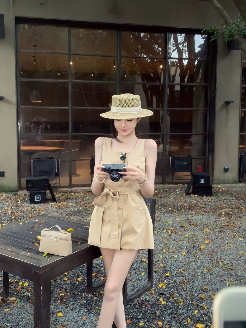 Belted Button-Front Khaki Playsuit