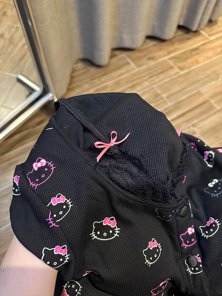 Lace Black Hello Kitty Pajama Set With Bra Pads