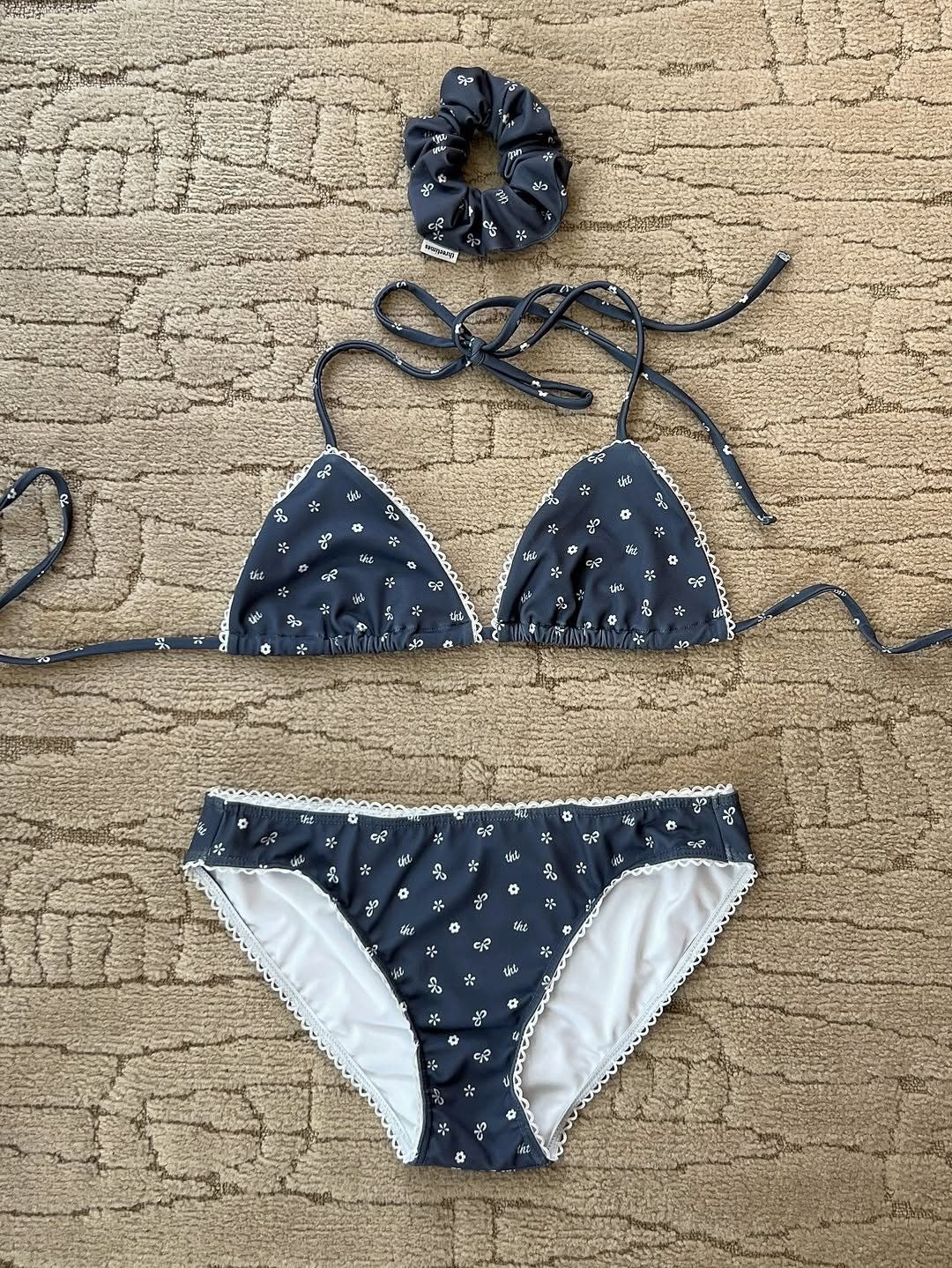 Navy Floral Bow 3-Piece Bikini Set