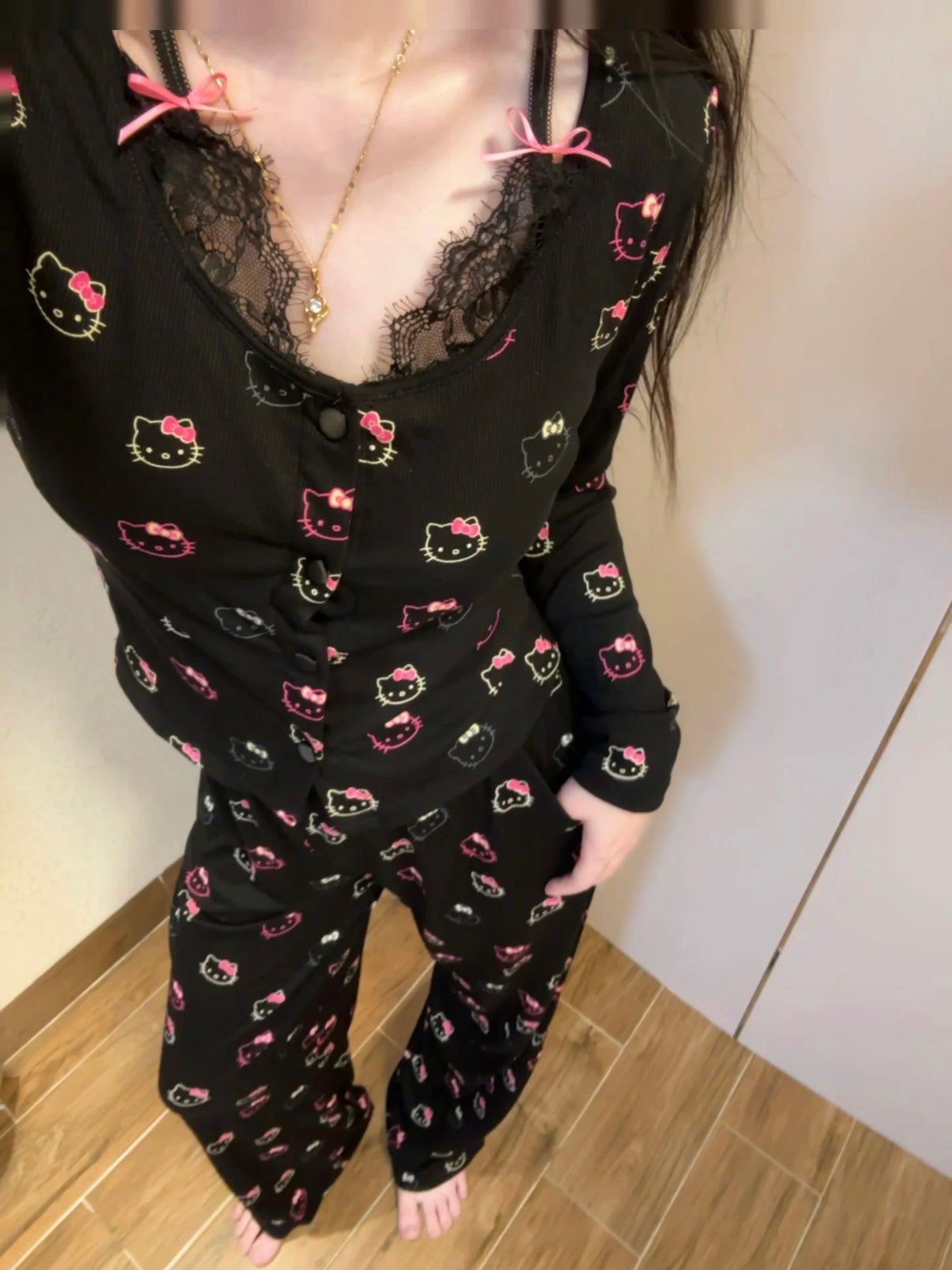 Lace Black Hello Kitty Pajama Set With Bra Pads