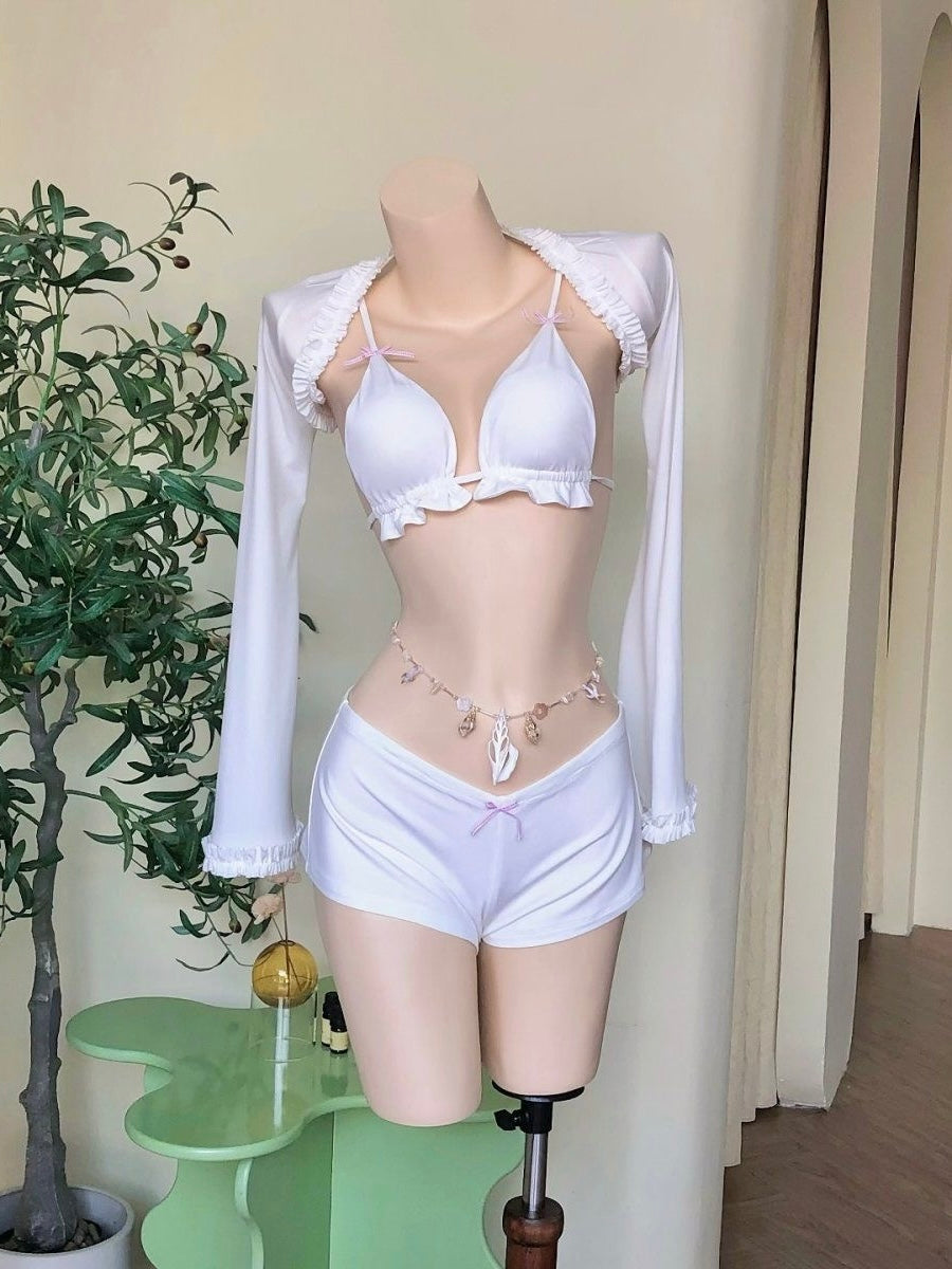 White Ruffle Long Sleeve Bikini Set