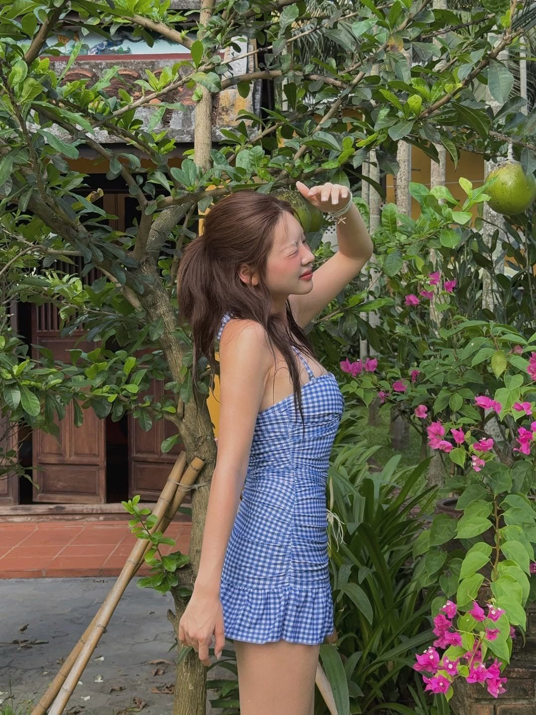 Blue Gingham Ruffle One-Piece Dress