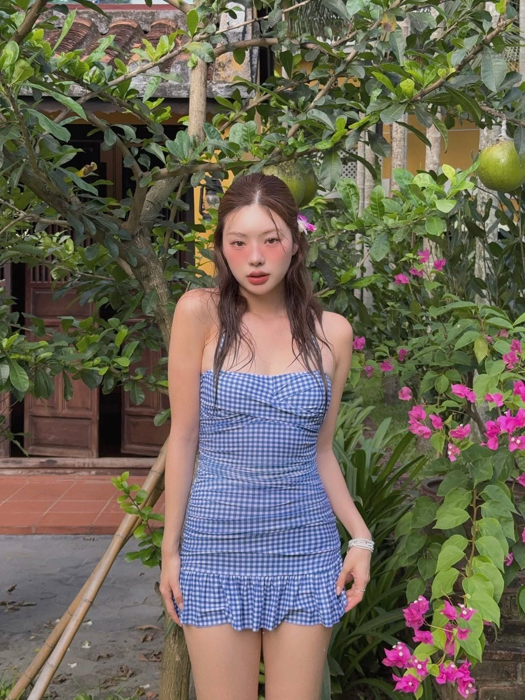 Blue Gingham Ruffle One-Piece Dress