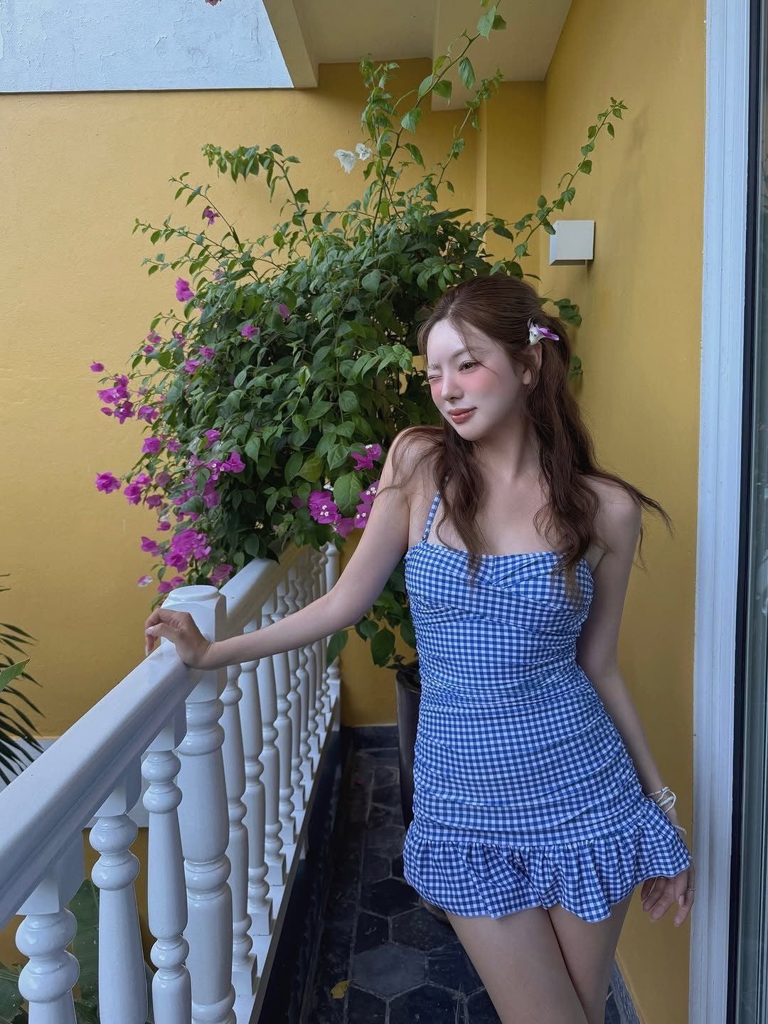 Blue Gingham Ruffle One-Piece Dress