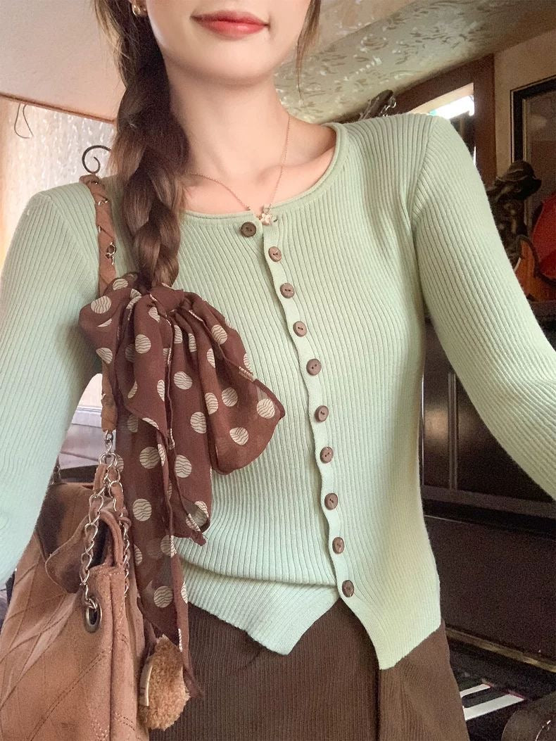 Mint Knit Cardigan & Brown Midi Skirt Set