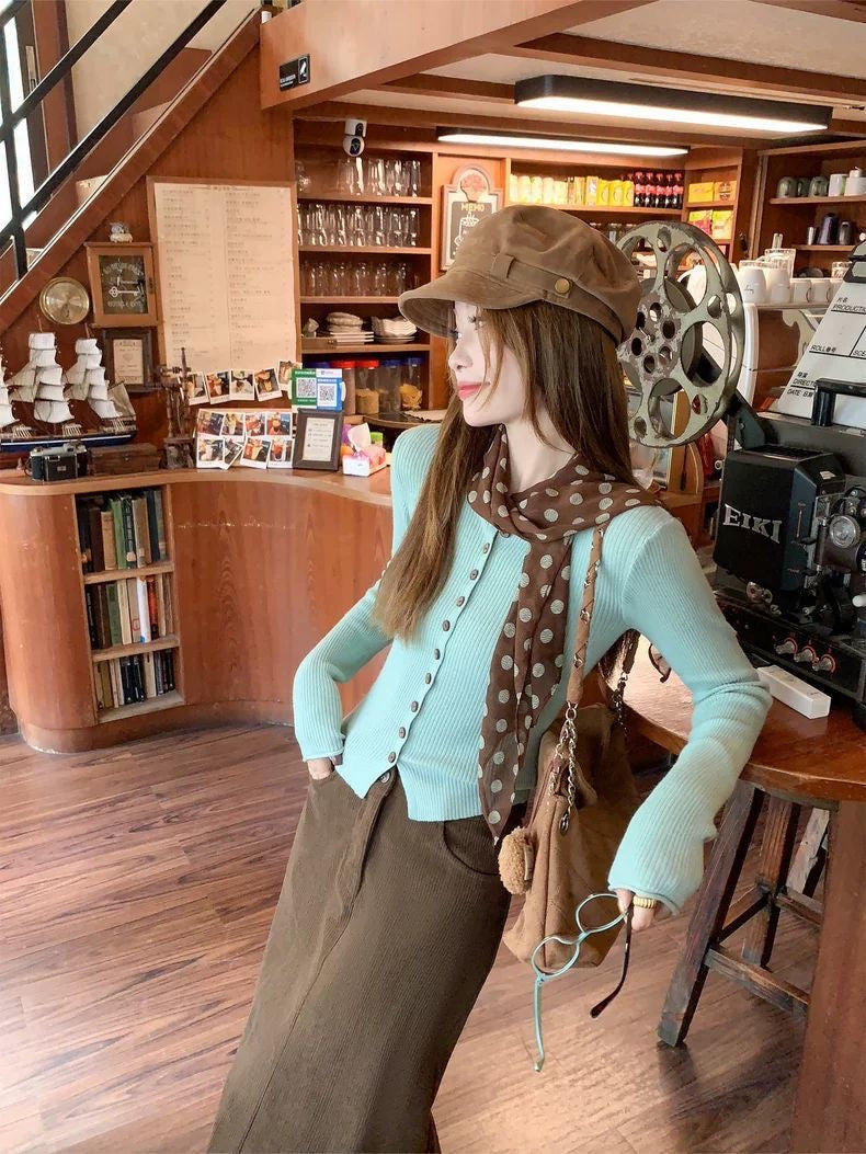 Mint Knit Cardigan & Brown Midi Skirt Set