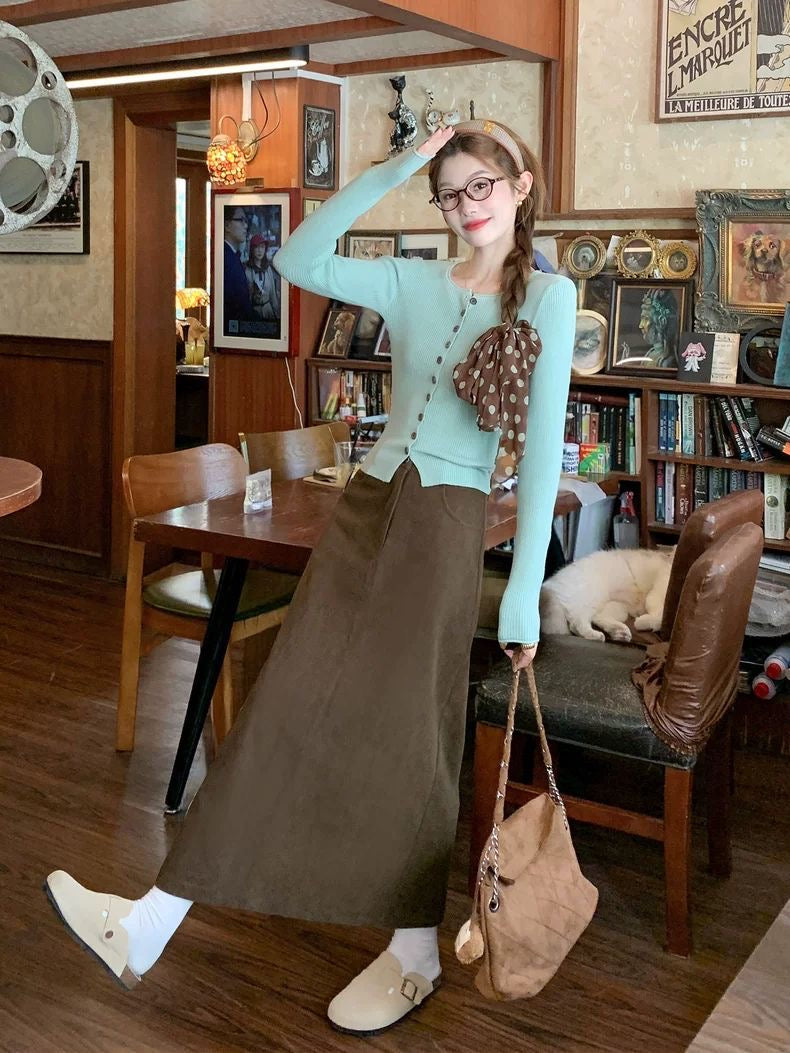 Mint Knit Cardigan & Brown Midi Skirt Set