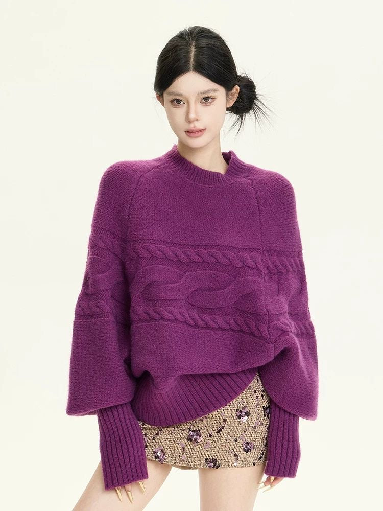 Plum Oversized Cable-Knit Turtleneck Sweater