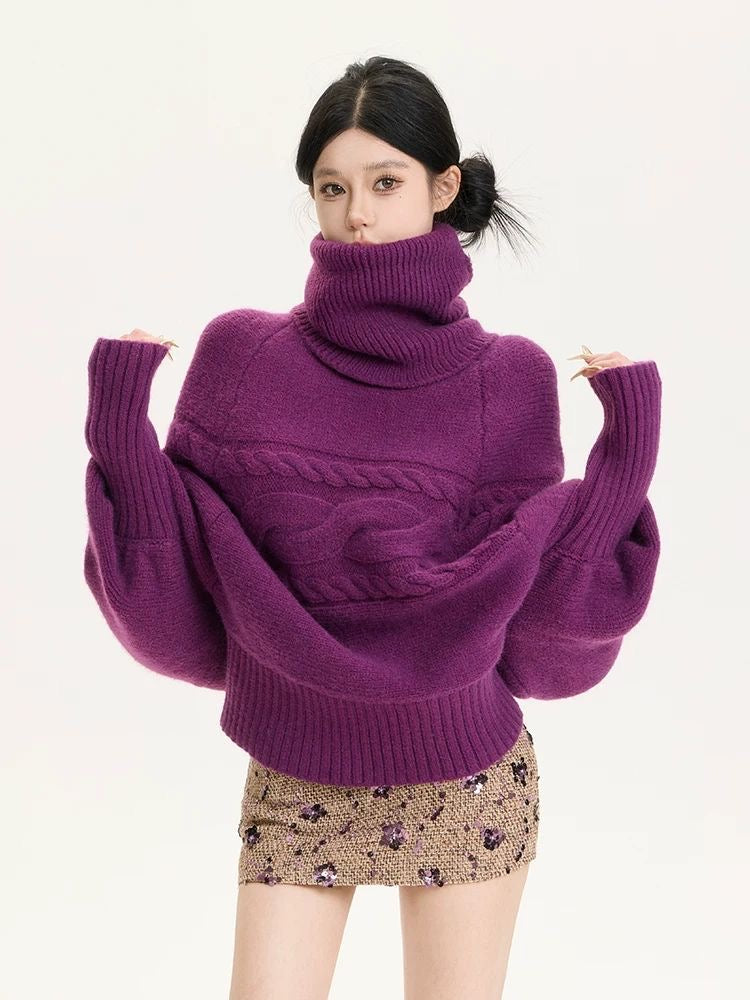 Plum Oversized Cable-Knit Turtleneck Sweater