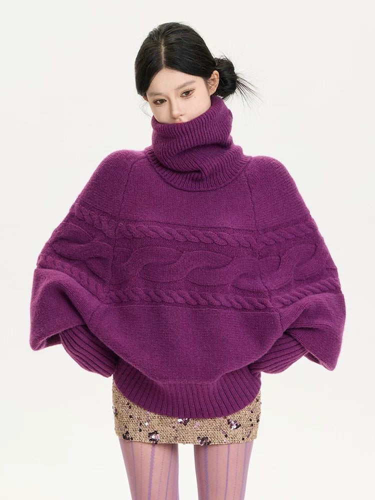 Plum Oversized Cable-Knit Turtleneck Sweater