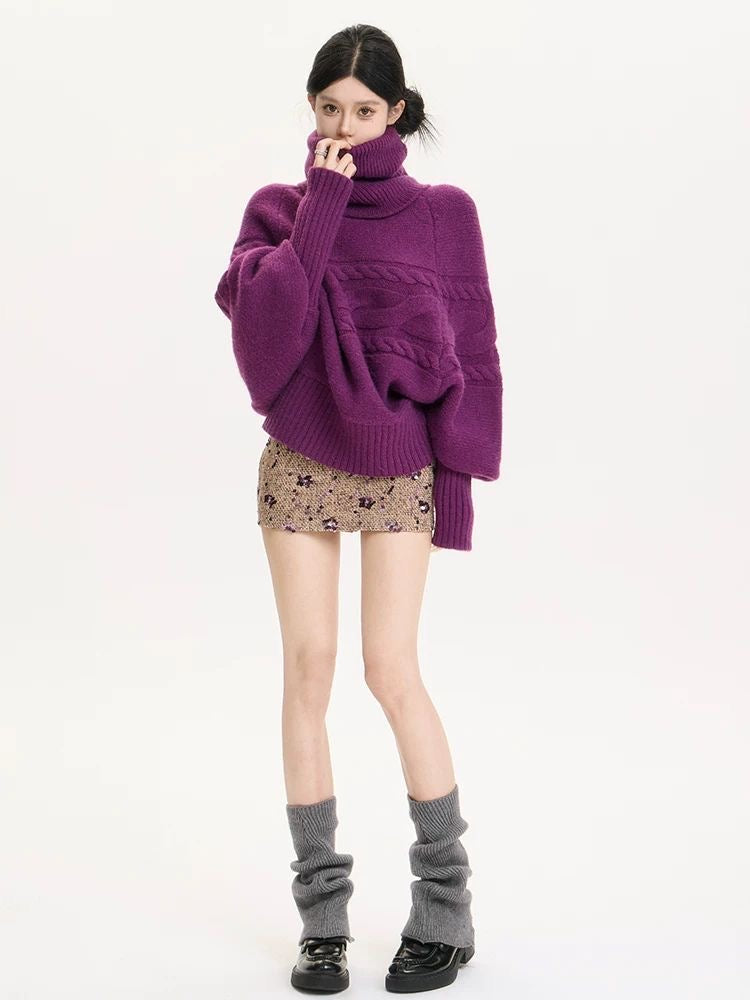 Plum Oversized Cable-Knit Turtleneck Sweater