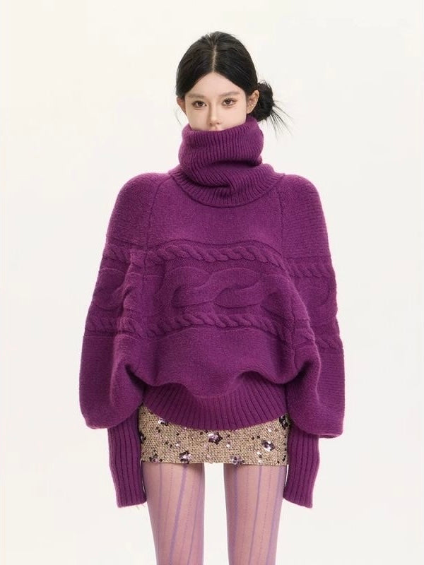 Plum Oversized Cable-Knit Turtleneck Sweater