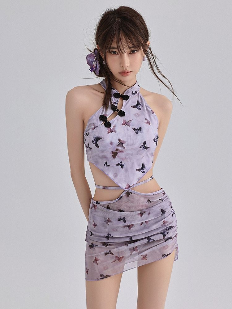 Violet Cheongsam-Style Butterfly Bikini Three-Piece Set