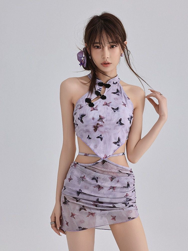 Violet Cheongsam-Style Butterfly Bikini Three-Piece Set