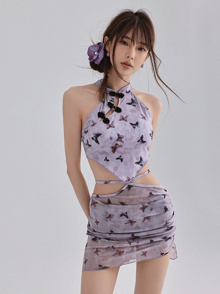 Violet Cheongsam-Style Butterfly Bikini Three-Piece Set