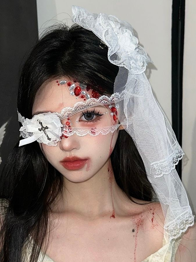 Bloody Bride Halloween Veil & Lace Eye Mask Set
