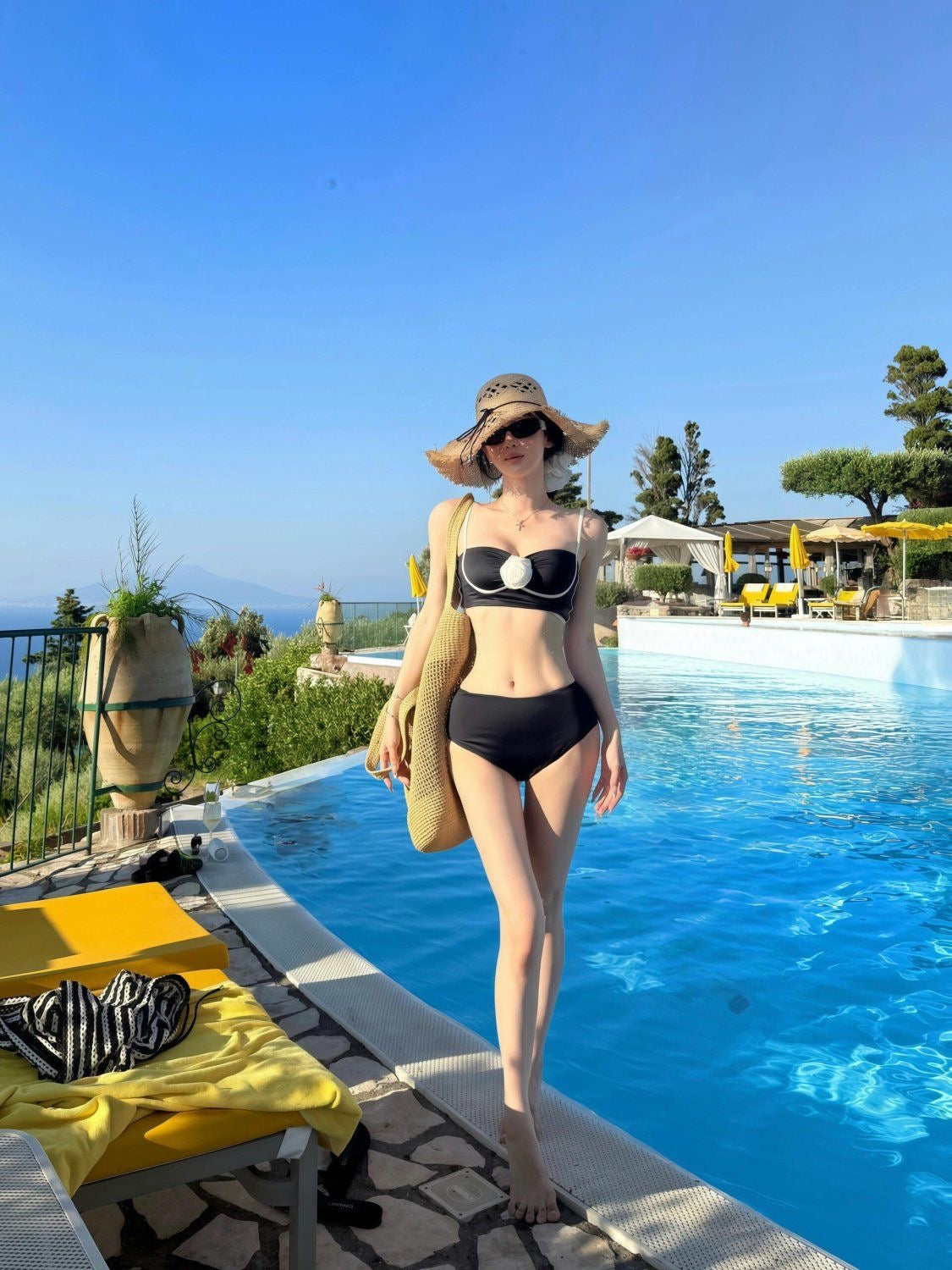 Black & White Rosette Bandeau High-Waist Bikini Set