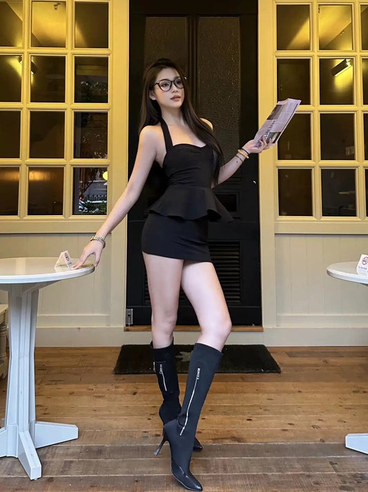 Black Ruffled Hem Mini Dress