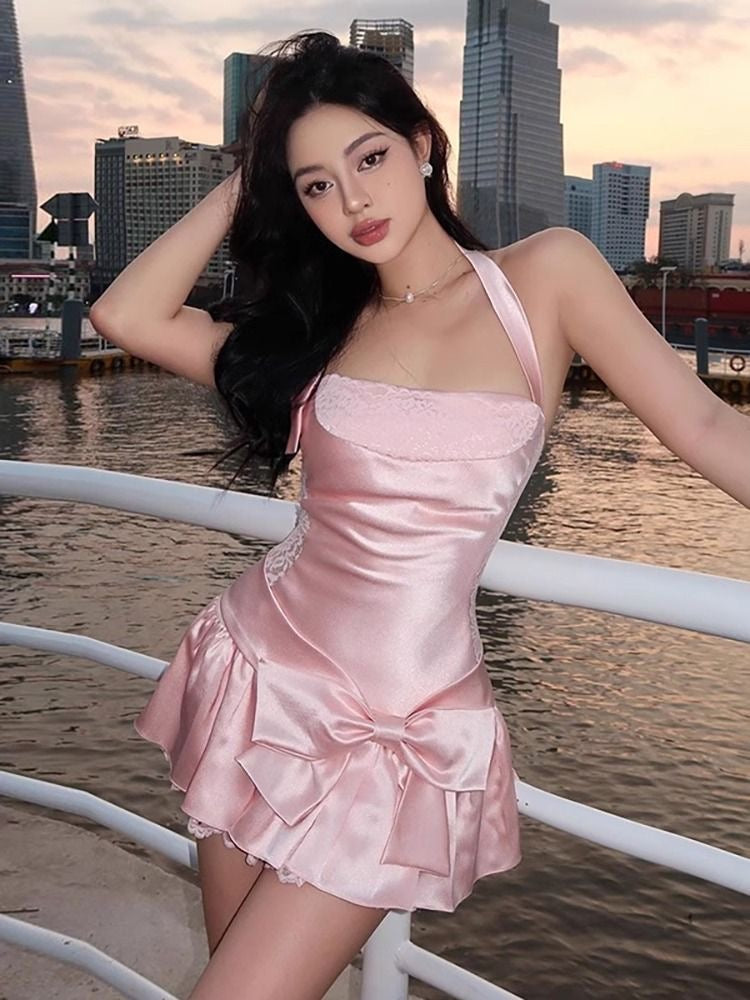 Pink Halter Lace Patchwork Mini Dress