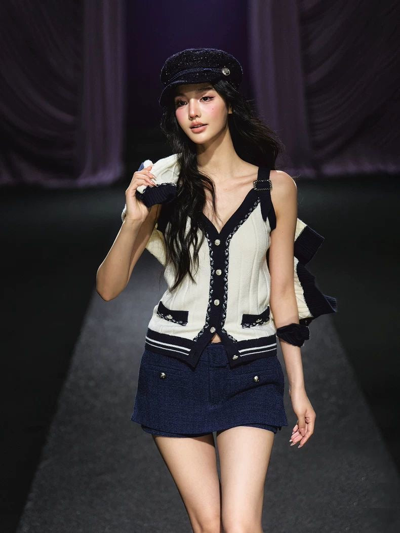 Contrast Trim Knit Cardigan & Mini Skirt Set