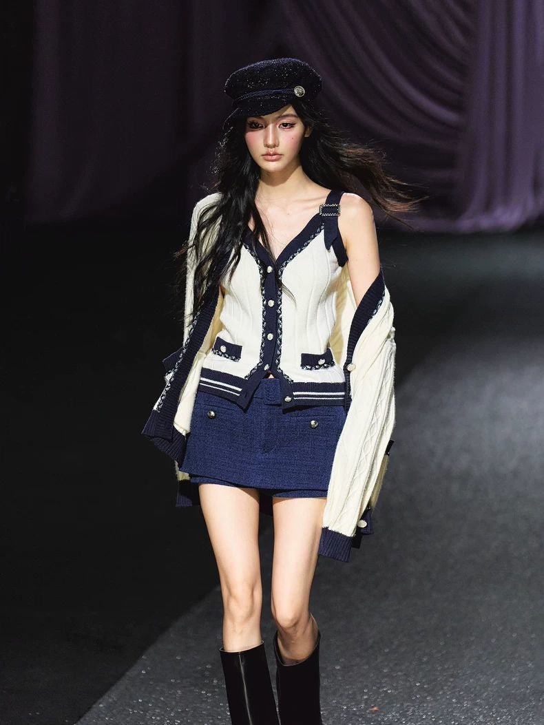Contrast Trim Knit Cardigan & Mini Skirt Set