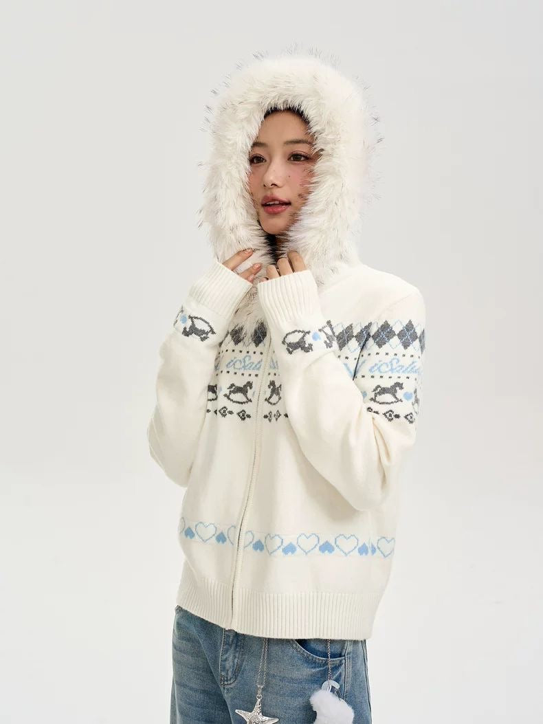 Fair Isle Knit Zip Jacket with Faux Fur Collar