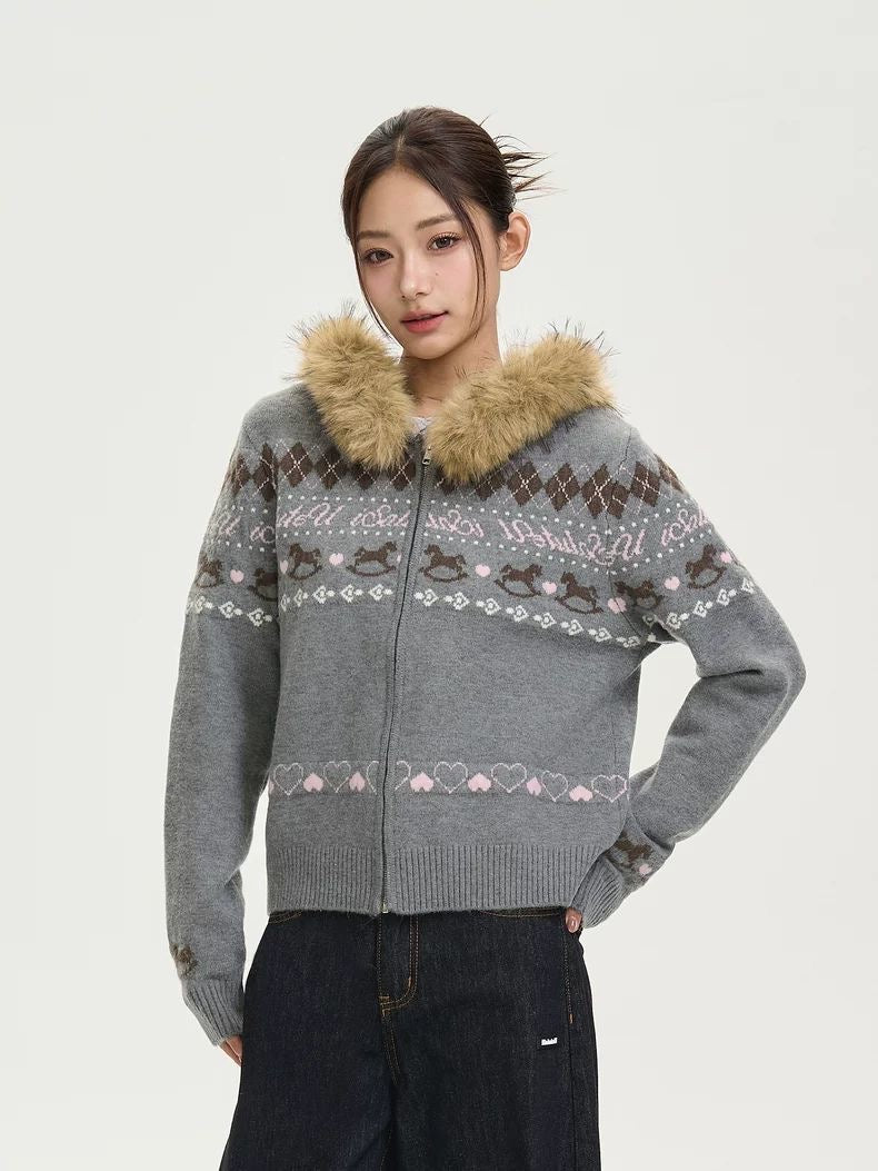 Fair Isle Knit Zip Jacket with Faux Fur Collar