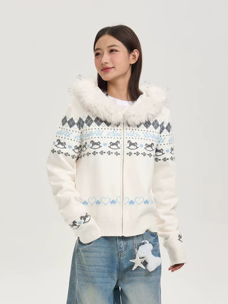 Fair Isle Knit Zip Jacket with Faux Fur Collar