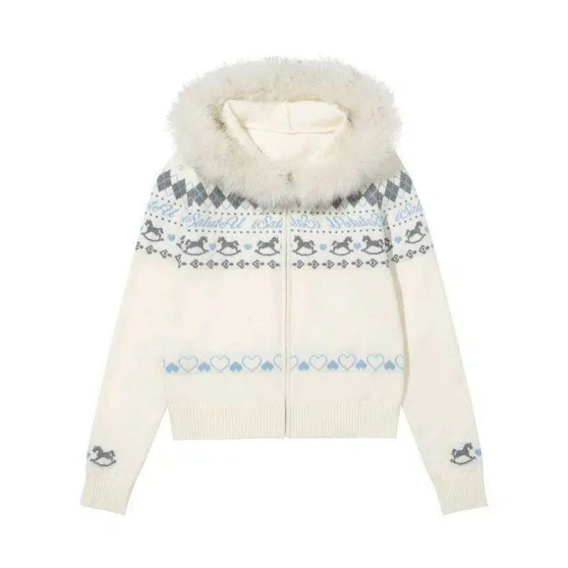 Fair Isle Knit Zip Jacket with Faux Fur Collar