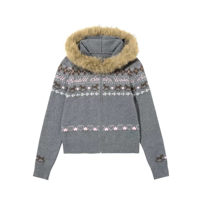 Fair Isle Knit Zip Jacket with Faux Fur Collar