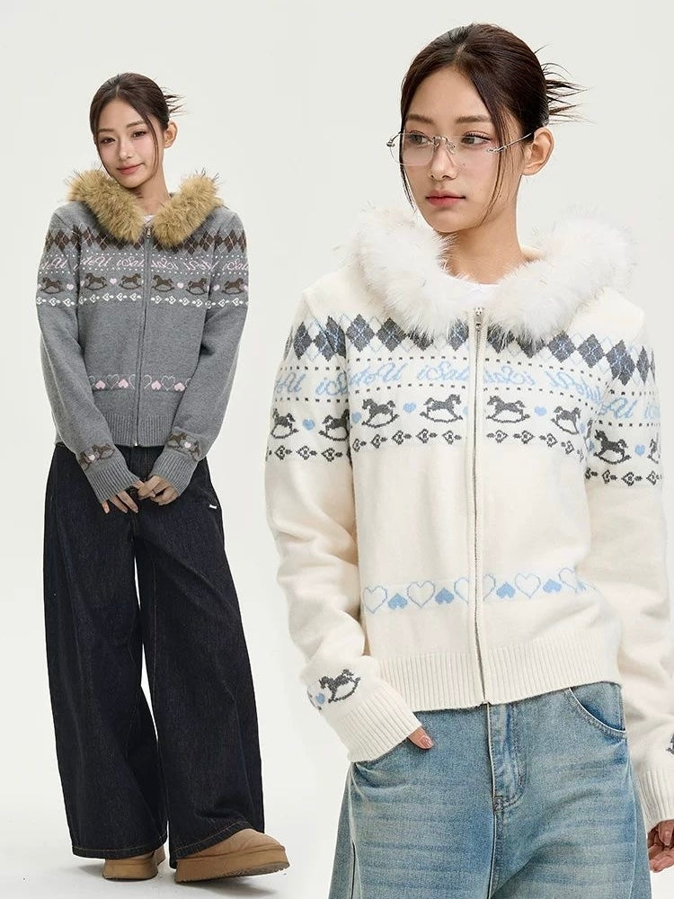 Fair Isle Knit Zip Jacket with Faux Fur Collar