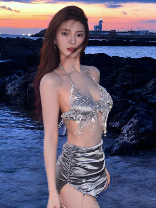 'La LISA' - Halterneck Silver Bikini Swimsuit Set With Diamonds (4 in 1)