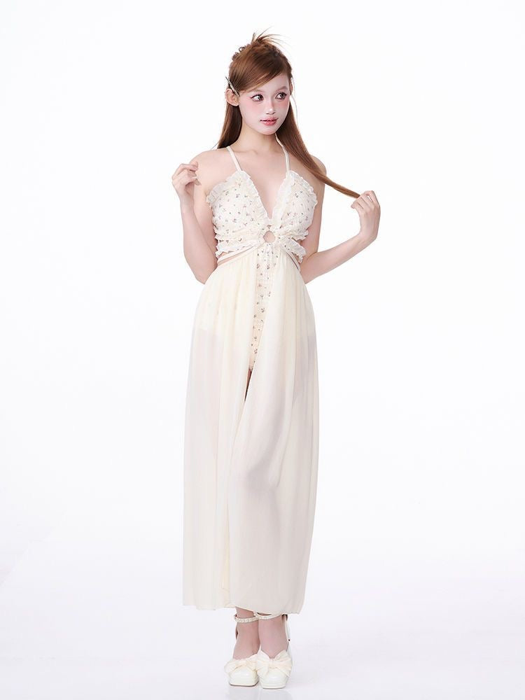 Creamy White Floral One-Piece Swimsuit with Tulle Skirt