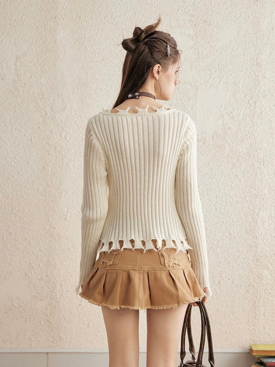 Distressed Ruffle Knit Cardigan - White Cropped Long Sleeve Sweater - Raw Hem Grunge Coquette Top - INNA Original Design