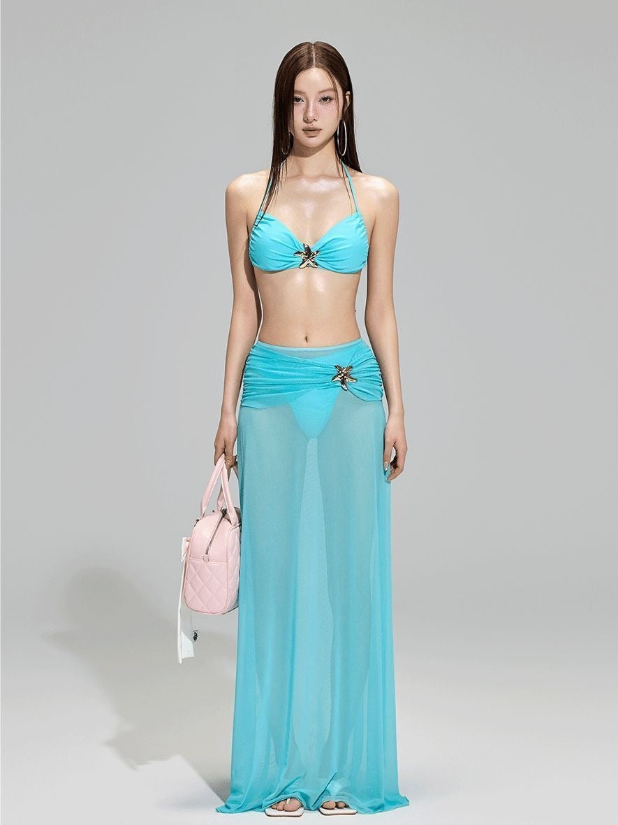 Lake-blue Starfish Swimsuit Three-Piece Set