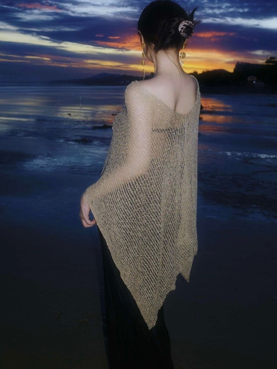 Sparkly Metallic Mesh Beach Cover Up | Gold Sheer Net Poncho Top | Shimmering See-Through Resort Wear for Women | Luxury Night-Out Overlay