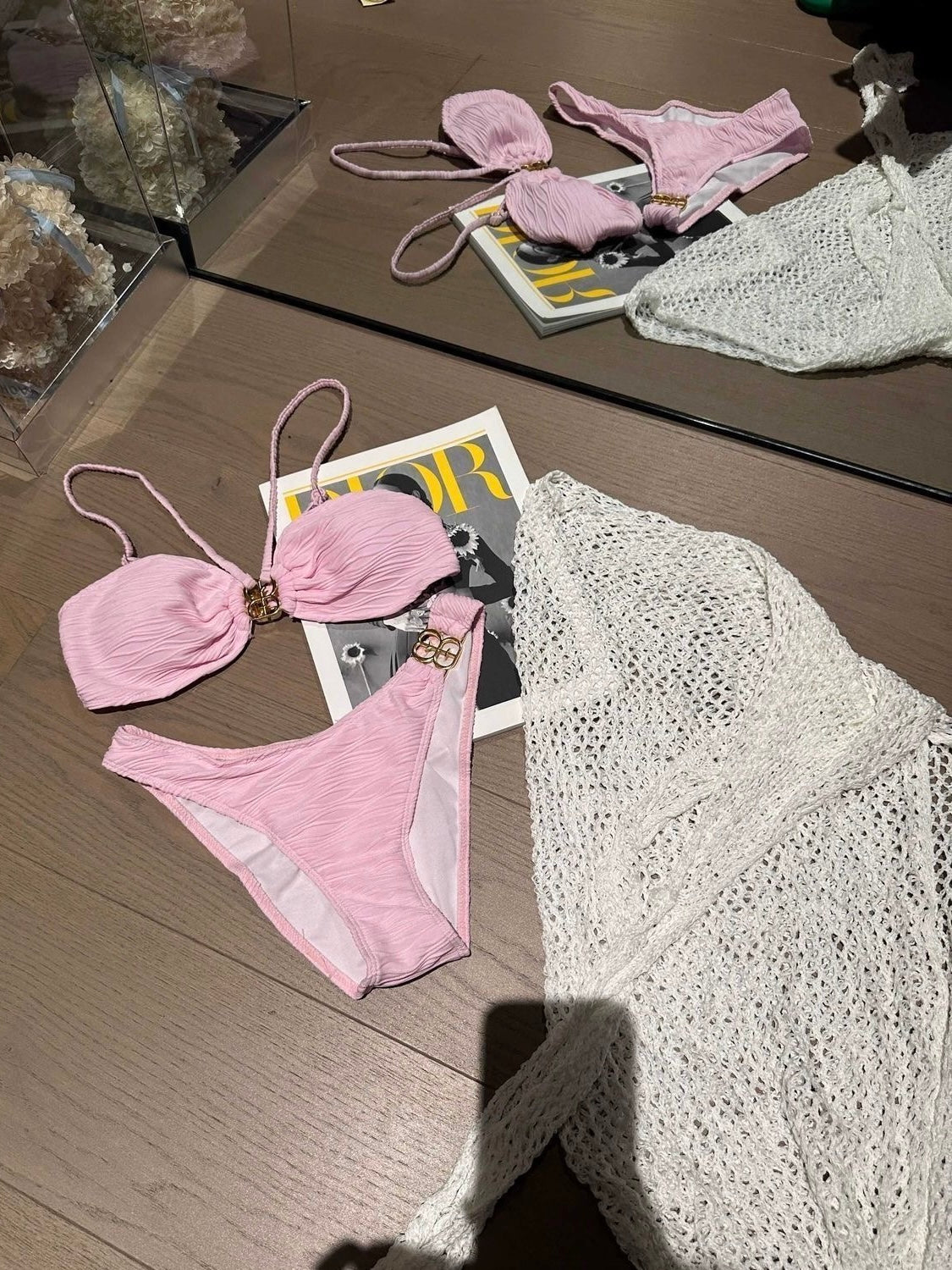 Peony Pink Halter Bikini Three-Piece Set with Fishnet Skirt
