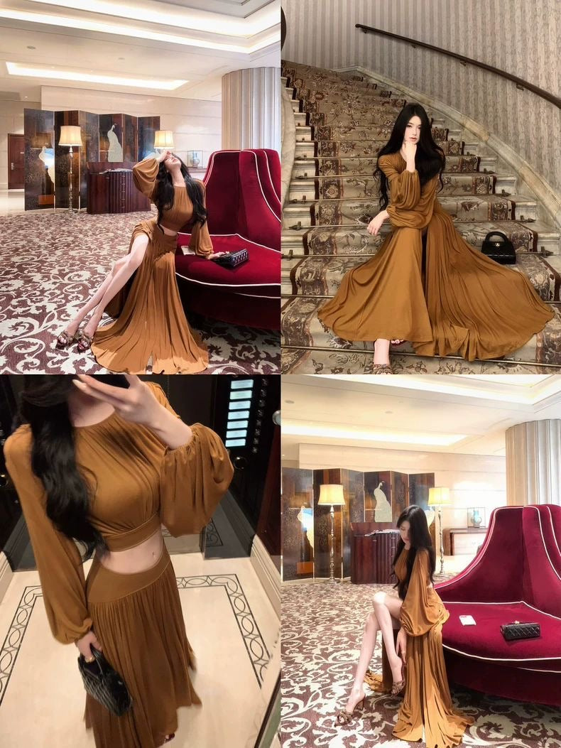 Elegant Pleated Two-Piece Set – Coffee Brown