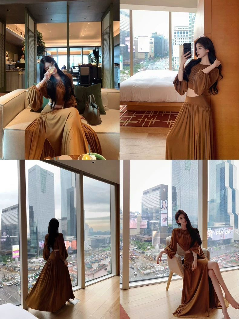 Elegant Pleated Two-Piece Set – Coffee Brown
