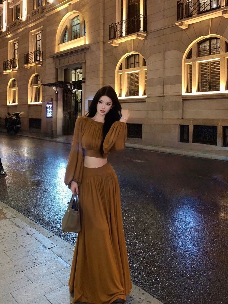 Elegant Pleated Two-Piece Set – Coffee Brown