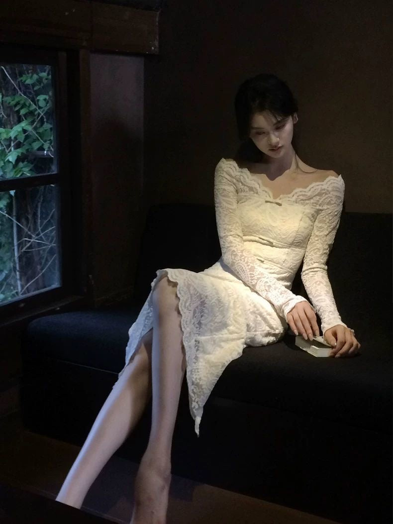 Off-Shoulder Lace Long Sleeve Maxi Dress