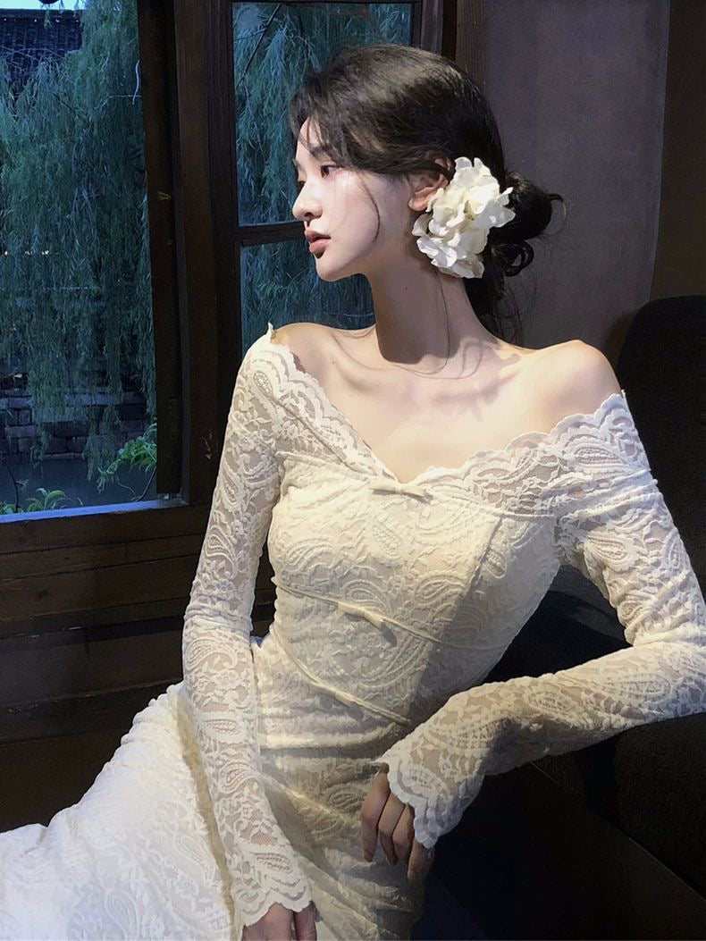 Off-Shoulder Lace Long Sleeve Maxi Dress