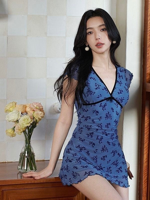 Floral Lace-Trim Mini Swimdress - Blue Vintage Elegance