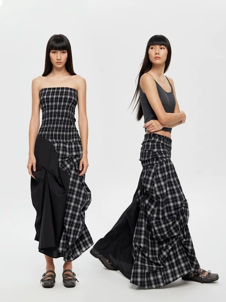 Dual-Wear Structured Plaid Strapless Maxi Dress