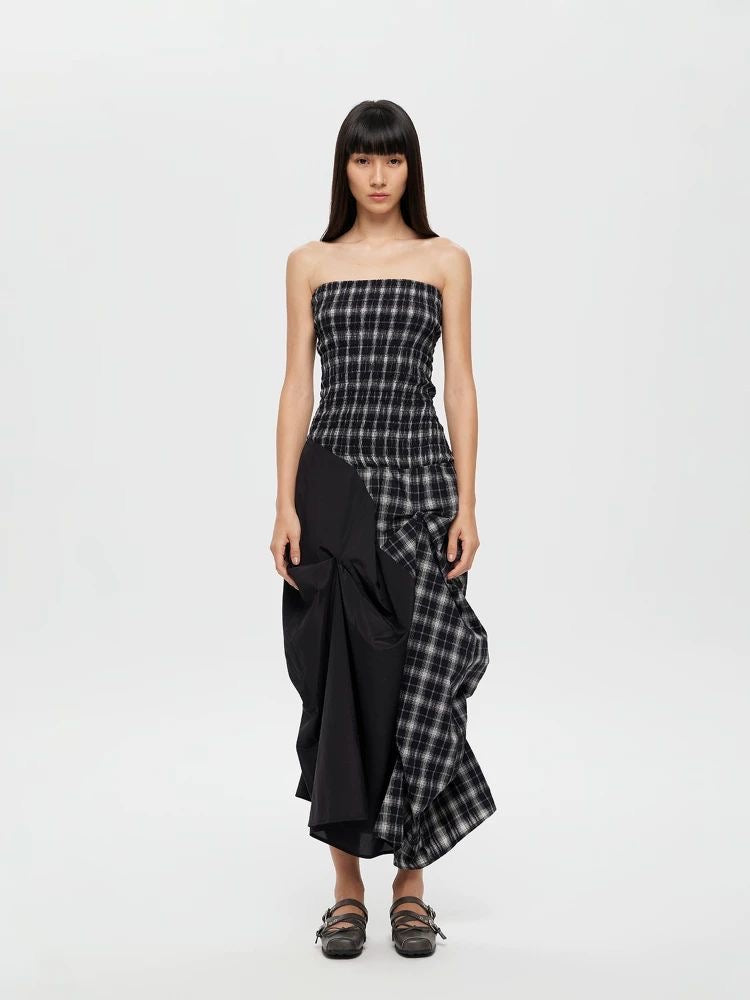 Dual-Wear Structured Plaid Strapless Maxi Dress