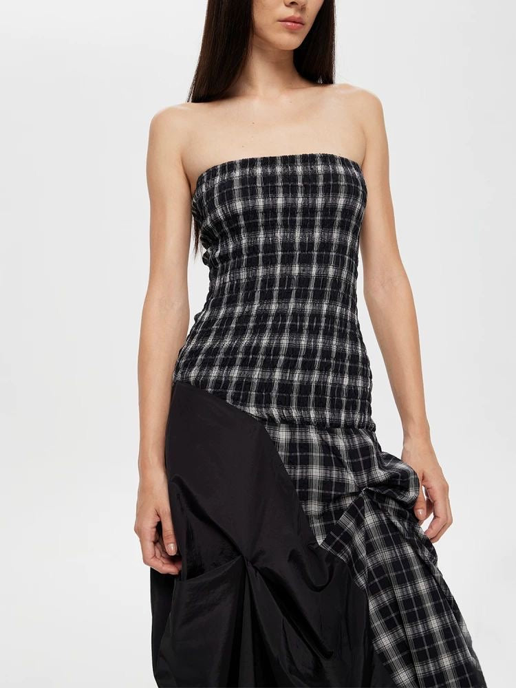 Dual-Wear Structured Plaid Strapless Maxi Dress